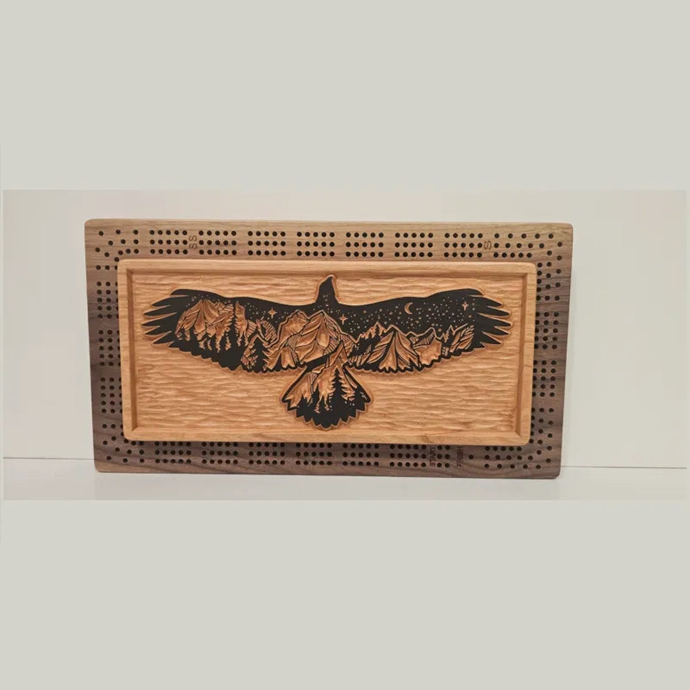 Eagle Cribbage Board – Handcrafted Wood Game with Mountain Landscape & Peg/Card Storage