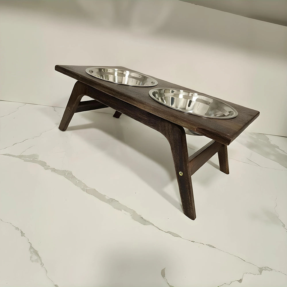 Walnut Dog Bowl Feeder Stand with Stainless Bowls