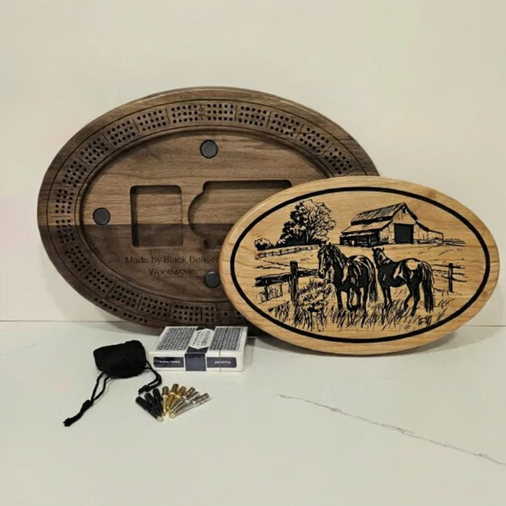 Handcrafted Horse Farm Cribbage Board, Black Walnut, Cards & Pegs