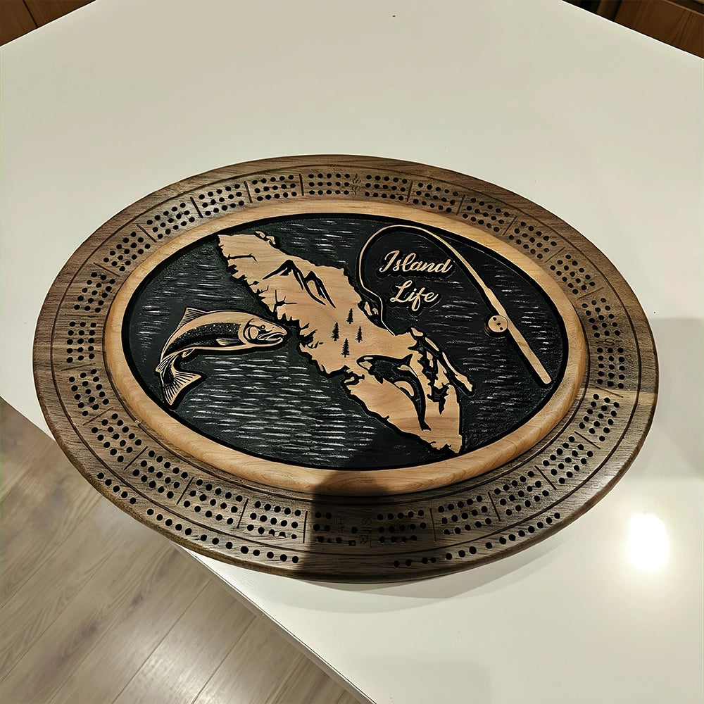 Vancouver Island Cribbage Board – Fish, Fishing Rod & Orca Engraving