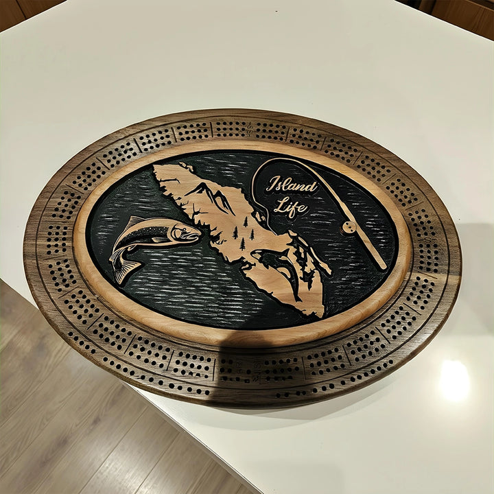 Vancouver island crib board , fish, fishing rod, orca