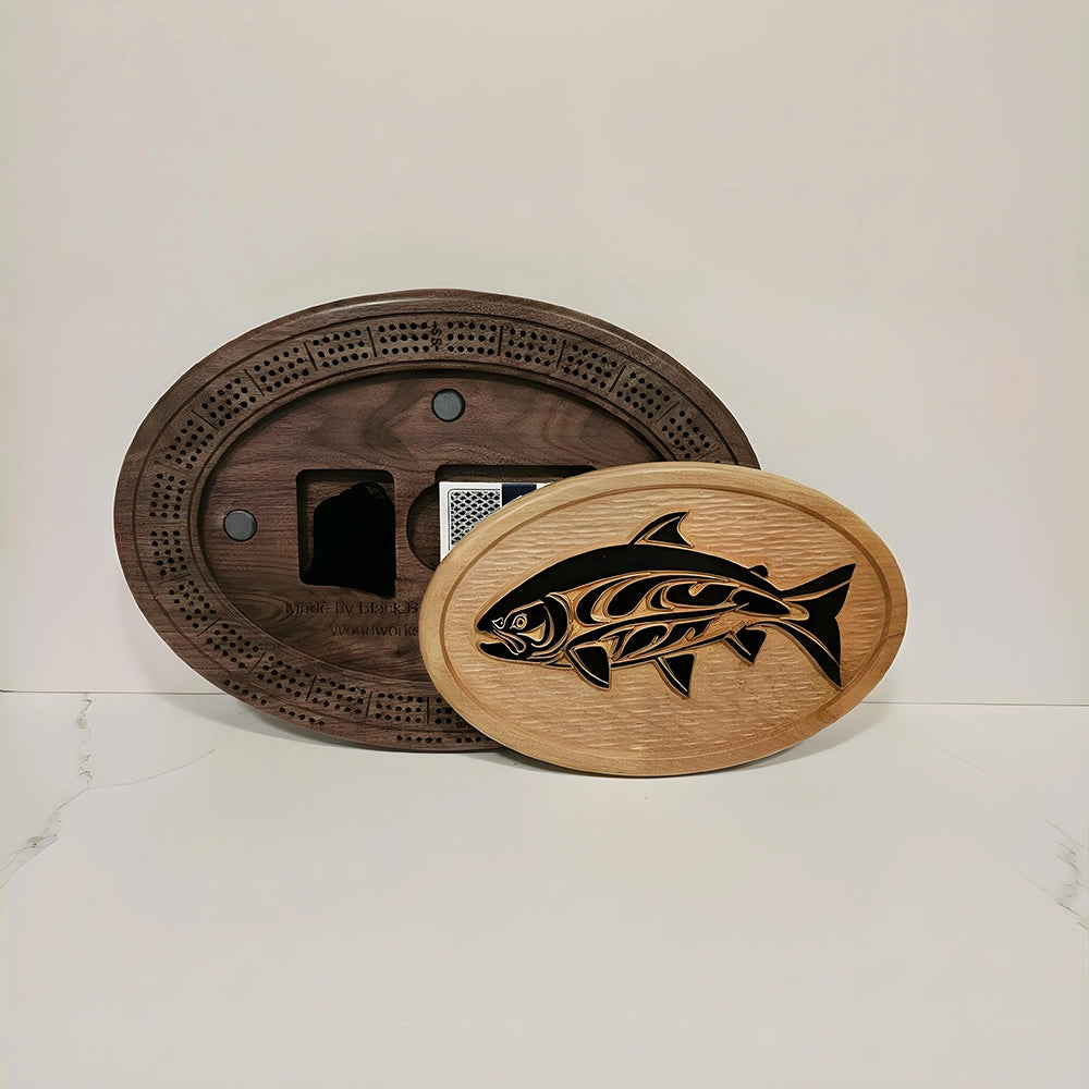 Native Salmon Cribbage Board Handcrafted Wood Game with Indigenous Art & Magnetic Card Storage