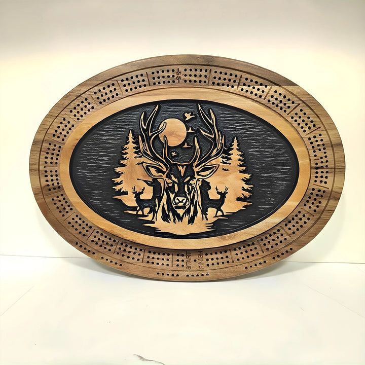 Handcrafted Deer Cribbage Board  Moonlit Forest Wood Game