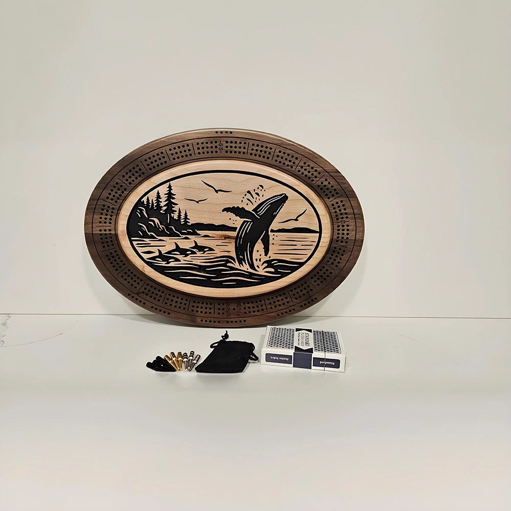 Humpback Whale & Orca Cribbage Board – Wildlife Engraved Handcrafted Wood Game