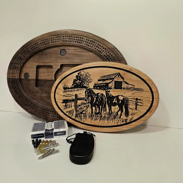 Handcrafted Horse Farm Cribbage Board, Black Walnut, Cards & Pegs