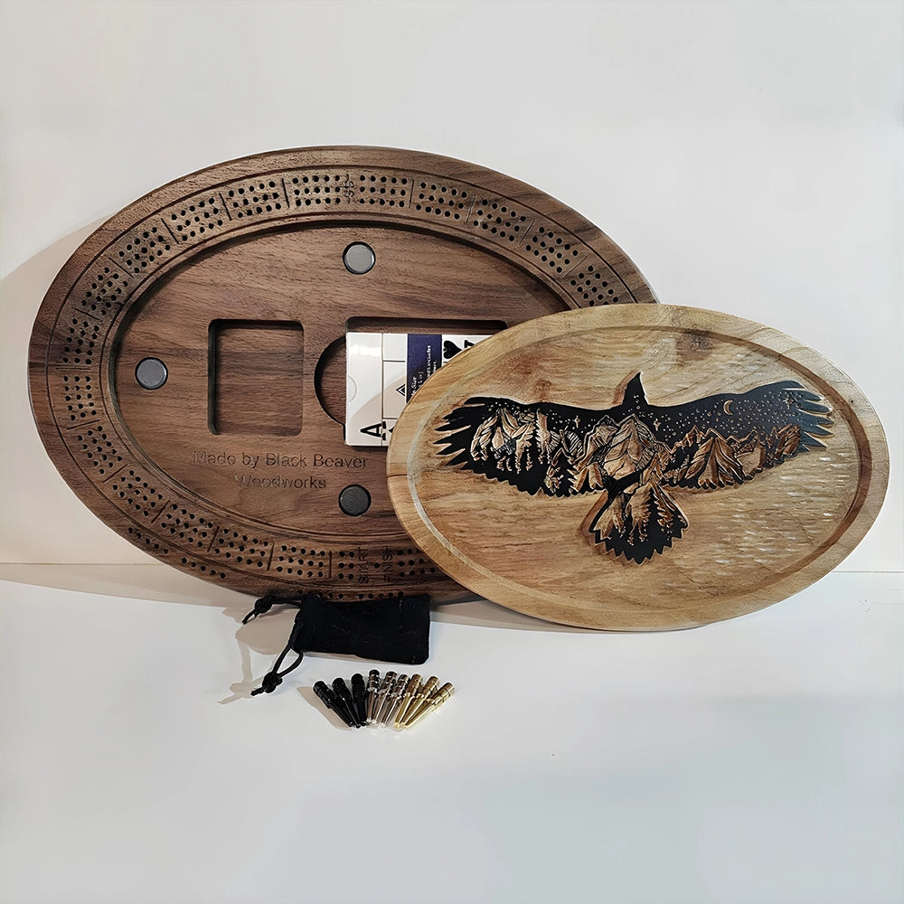 Eagle Cribbage Board  Handcrafted Wood Game with Mountain Landscape & Peg/Card Storage