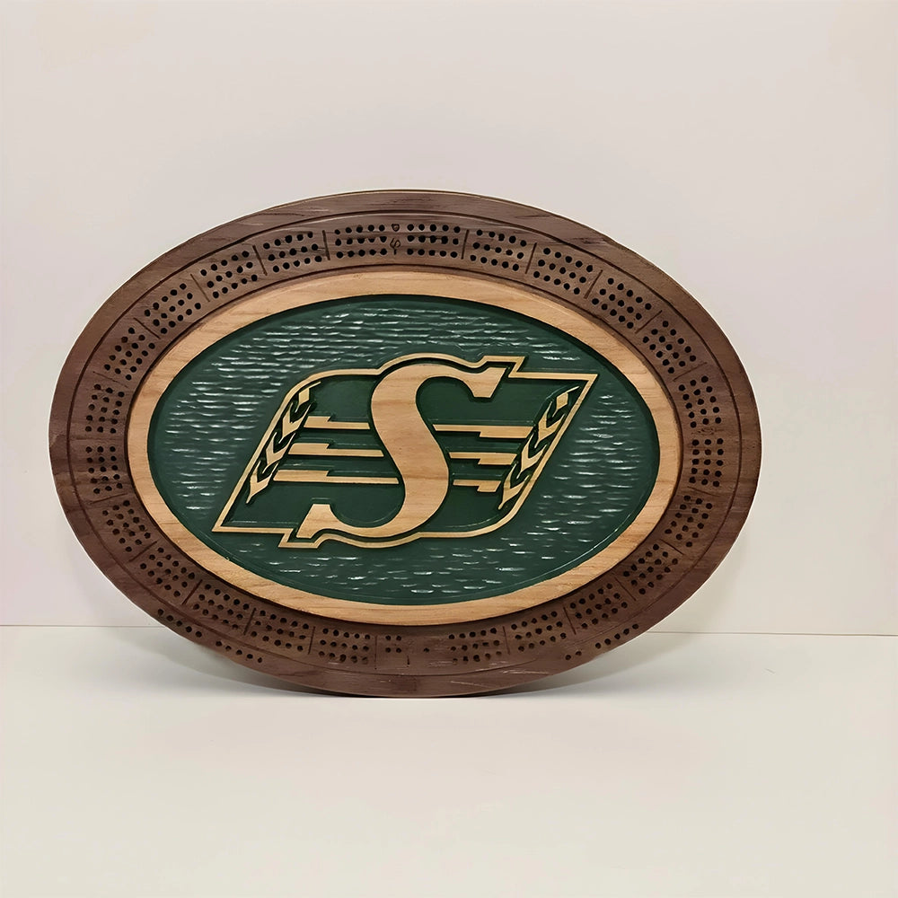 Handcrafted Saskatchewan Roughriders Cribbage Board