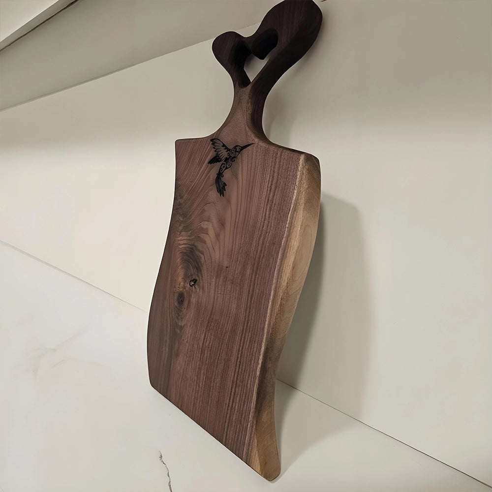 Hummingbird engraved, Heart Handle Cutting, charcuterie Board