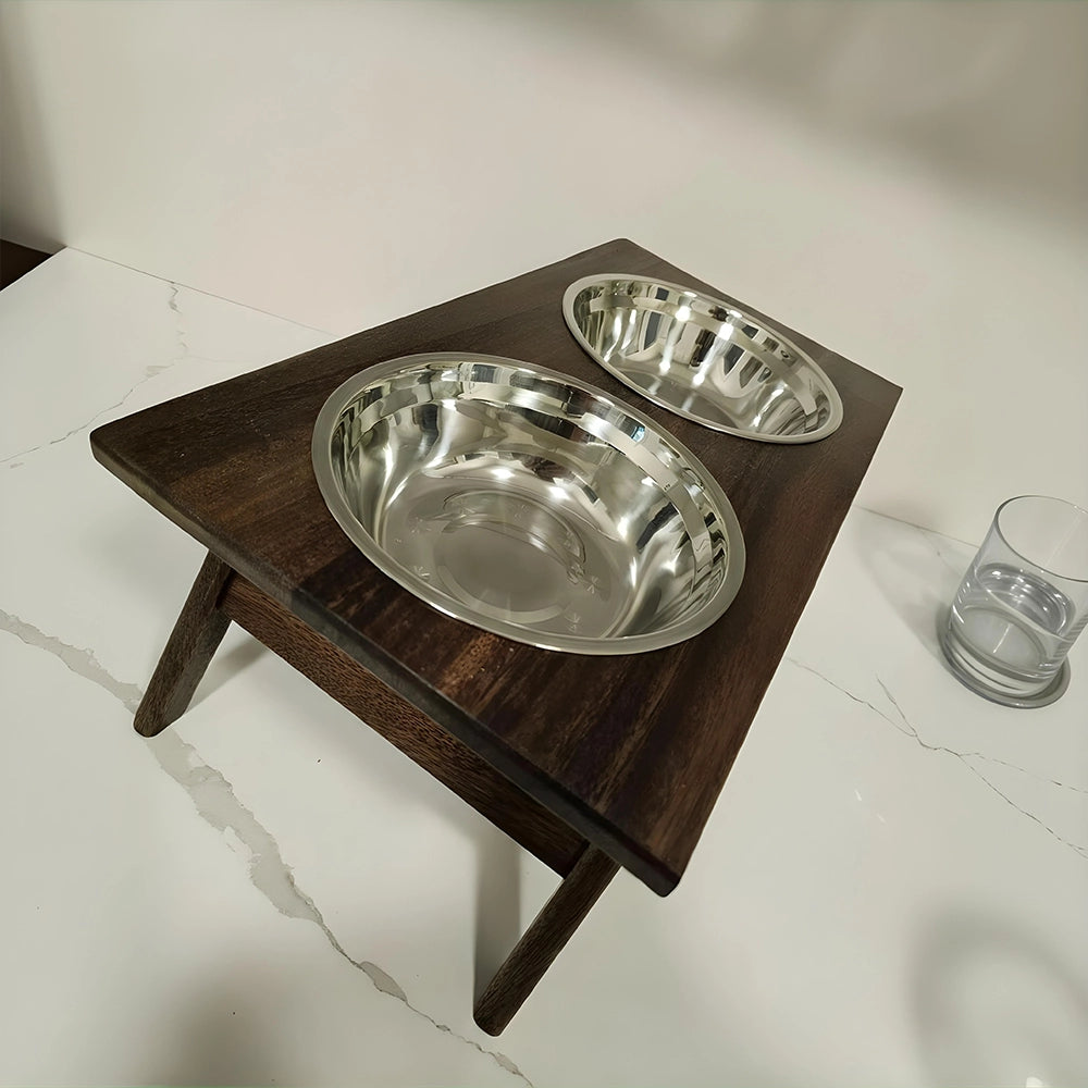 Walnut Dog Bowl Feeder Stand with Stainless Bowls