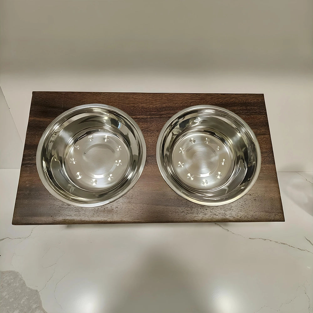 Walnut Dog Bowl Feeder Stand with Stainless Bowls