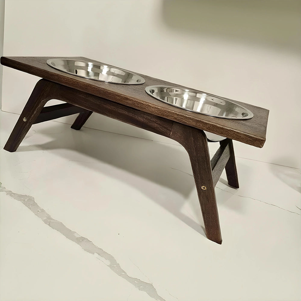 Walnut Dog Bowl Feeder Stand with Stainless Bowls