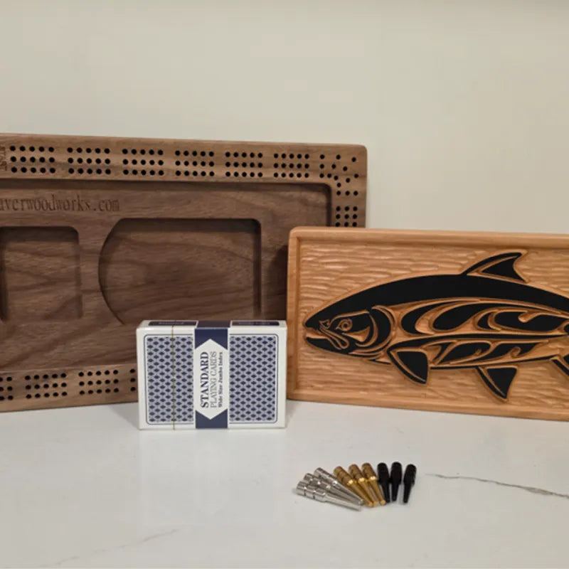 Native Salmon Cribbage Board | Indigenous Art | Black Beaver Woodworks