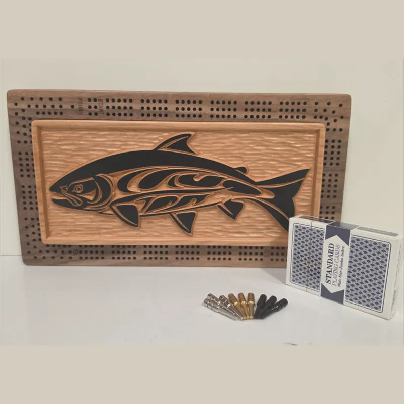 Native Salmon Cribbage Board | Indigenous Art | Black Beaver Woodworks