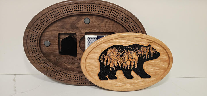 Handmade Walnut Bear Cribbage Board - Rustic Landscape Plaque
