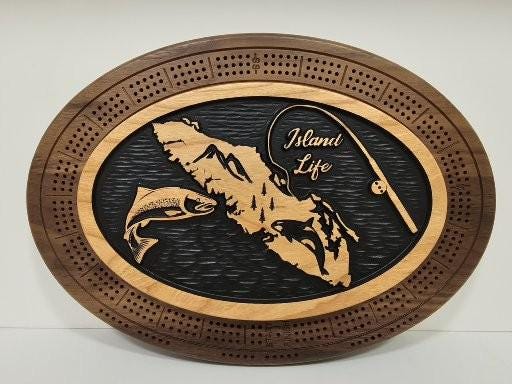 Vancouver island crib board , fish, fishing rod, orca