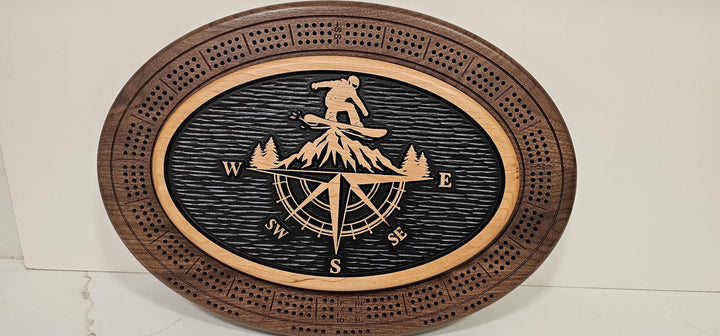 Snowboarder Cribbage Board & Compass Plaque  Handmade Wood Game Set with Mountain Landscape, Card Storage