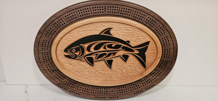 Native Salmon Cribbage Board Handcrafted Wood Game with Indigenous Art & Magnetic Card Storage