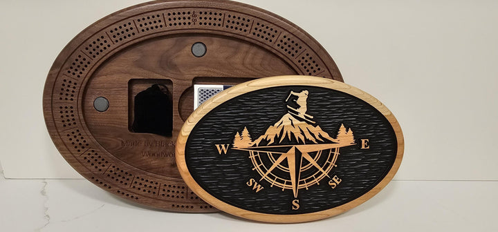 Skier Cribbage Board & Compass Plaque  Handmade Wood Game Set with Mountain Landscape, Card Storage