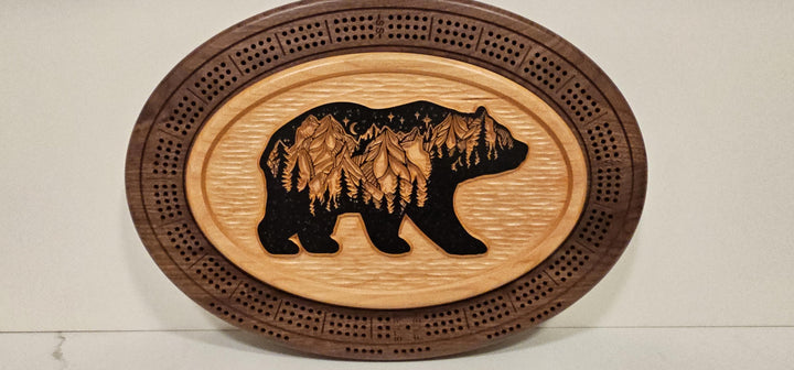 Handmade Walnut Bear Cribbage Board - Rustic Landscape Plaque