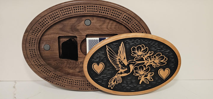 Hummingbird Cribbage Board & Floral Plaque  Handcrafted Wood Game Set with Heart Engraving, Card Storage