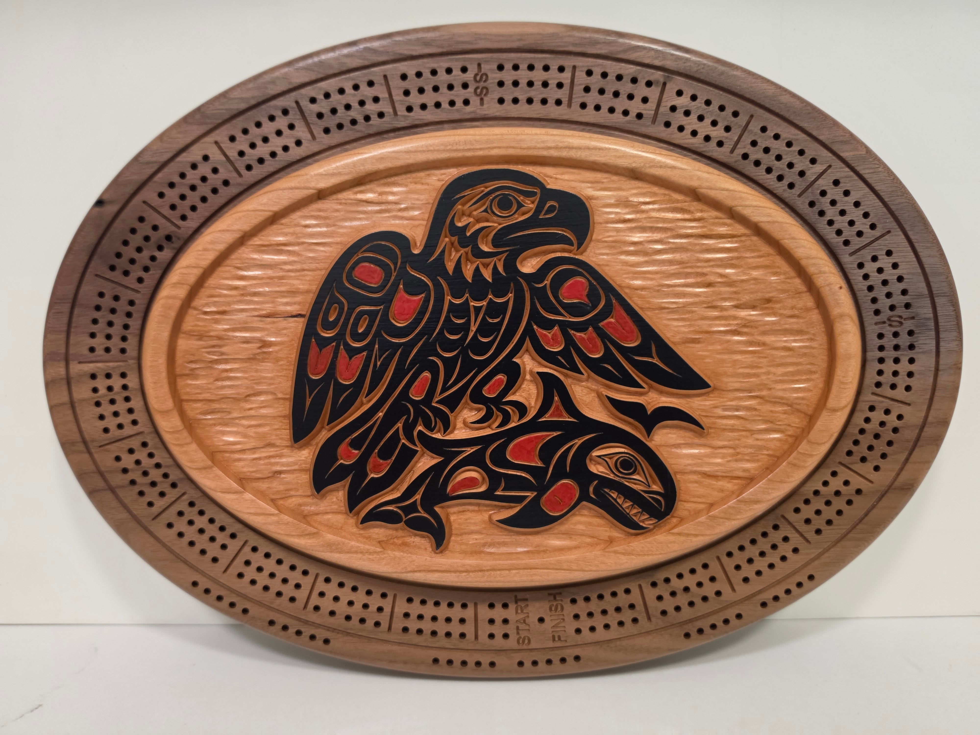 Native Eagle with Salmon Cribbage Board