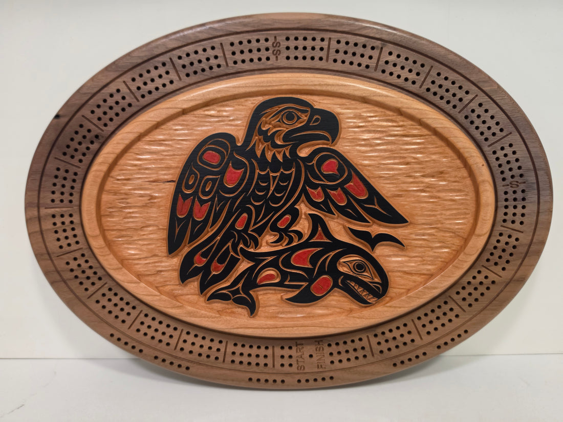 Native Eagle with Salmon Cribbage Board