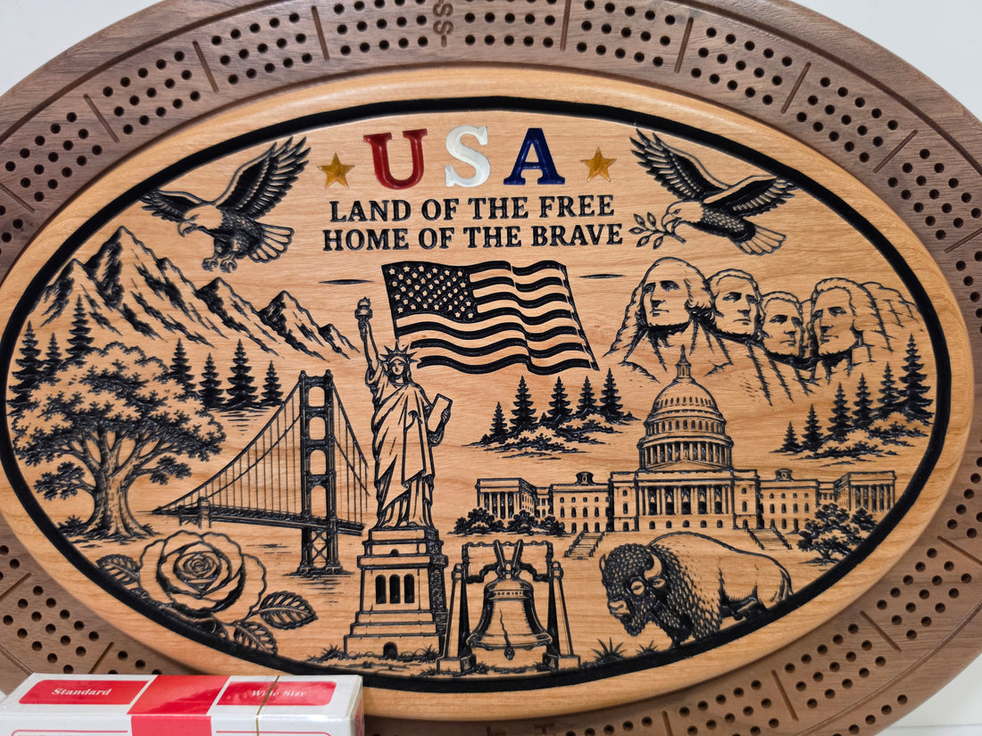 USA Patriotic Cribbage Board Set – CNC-Engraved Wood