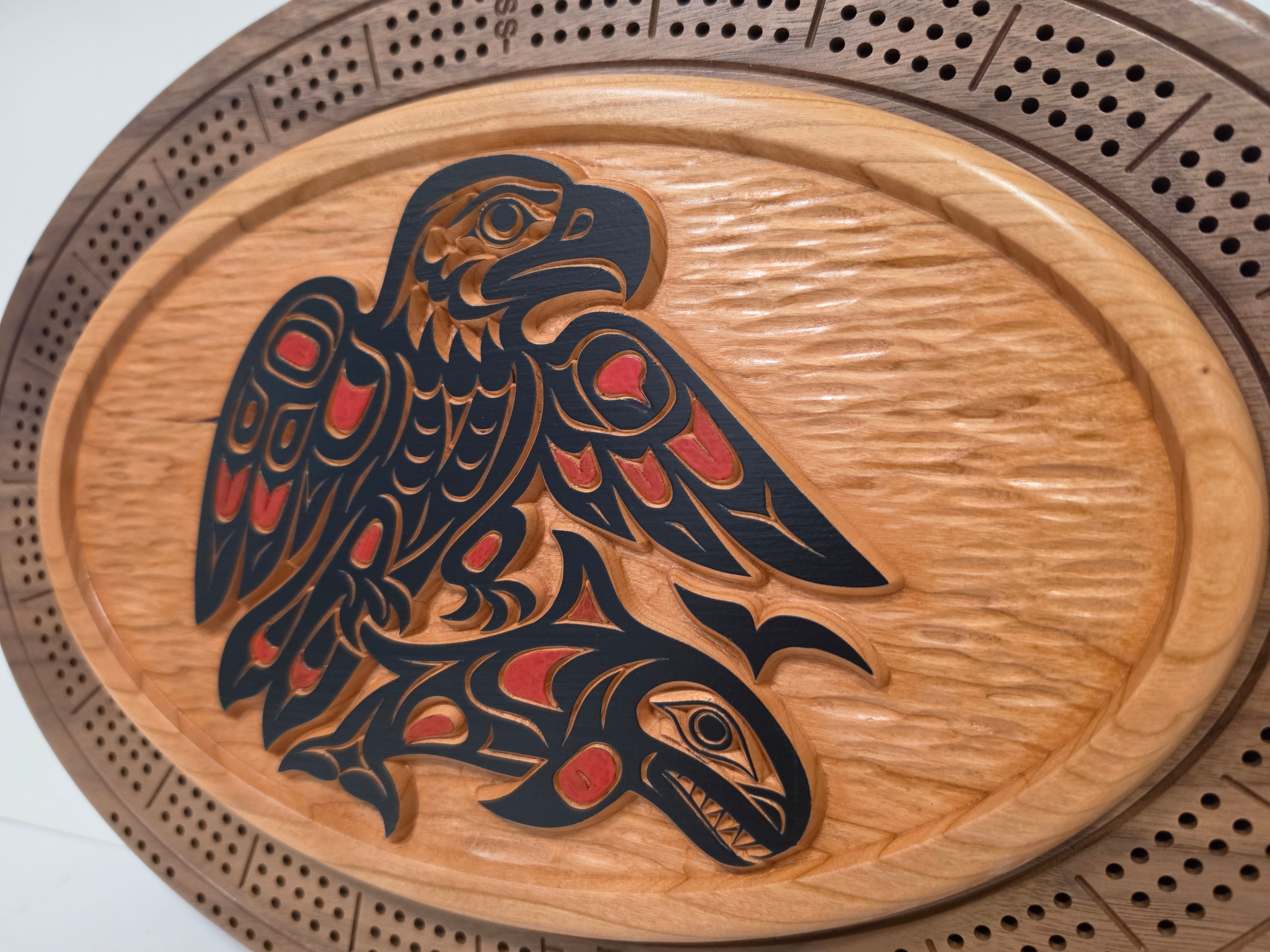 Native Eagle with Salmon Cribbage Board