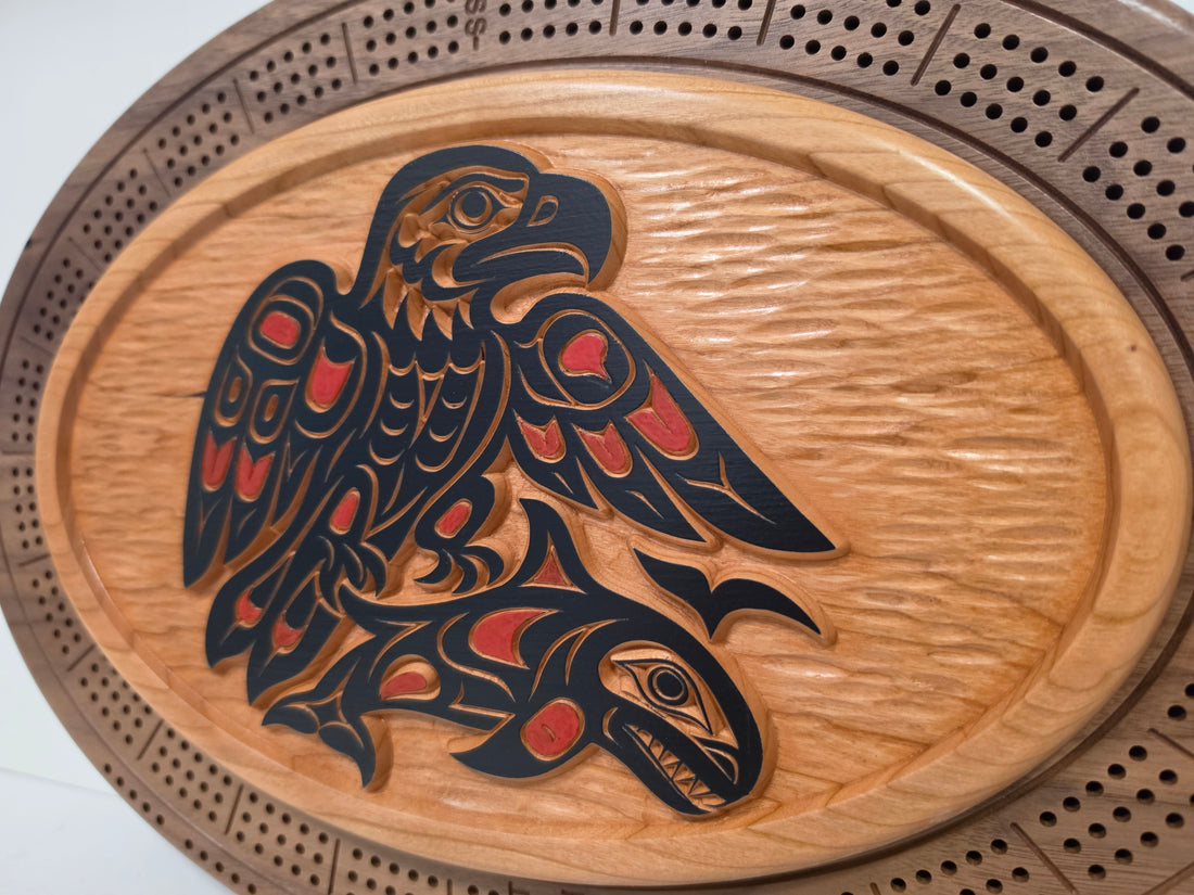 Native Eagle with Salmon Cribbage Board