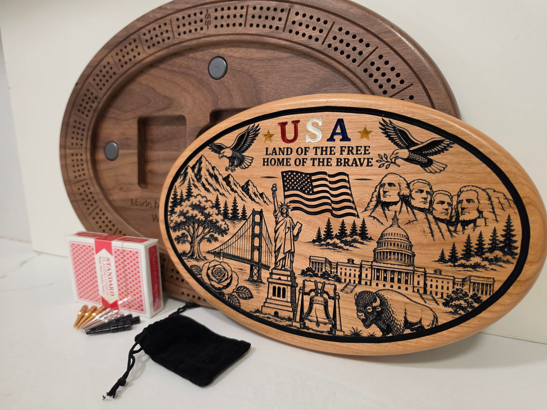 USA Patriotic Cribbage Board Set – CNC-Engraved Wood