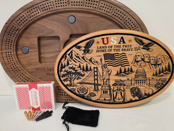 USA patriotic laser-engraved oval cribbage board set with metal pegs, velvet pouch, and playing cards