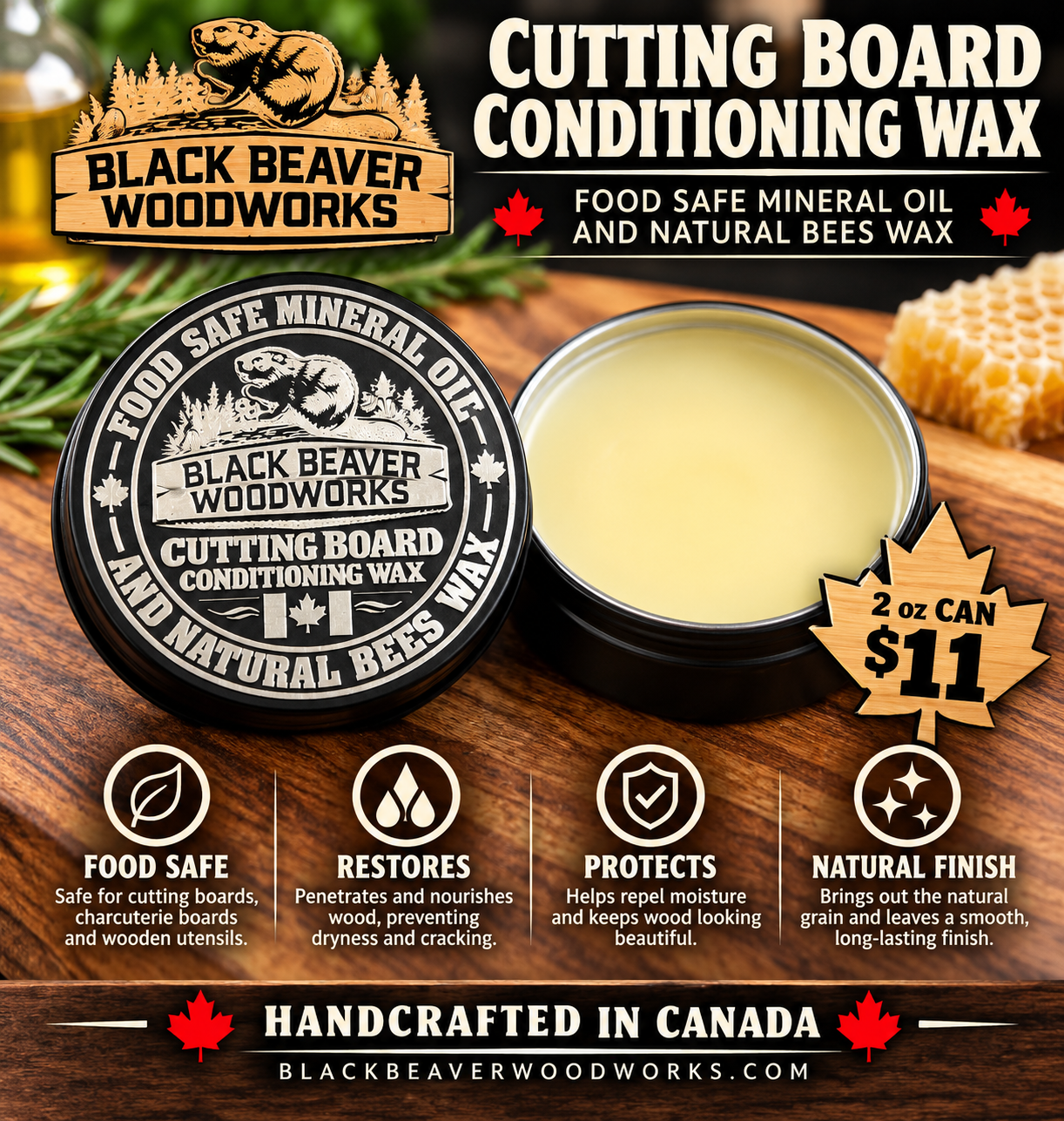 Cutting Board Conditioning Wax – Beeswax & Mineral Oil, 2 oz