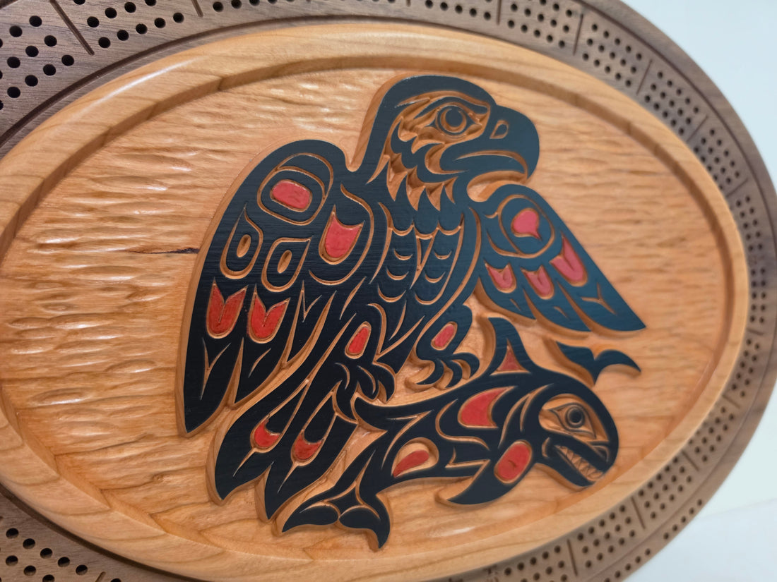 Native Eagle with Salmon Cribbage Board