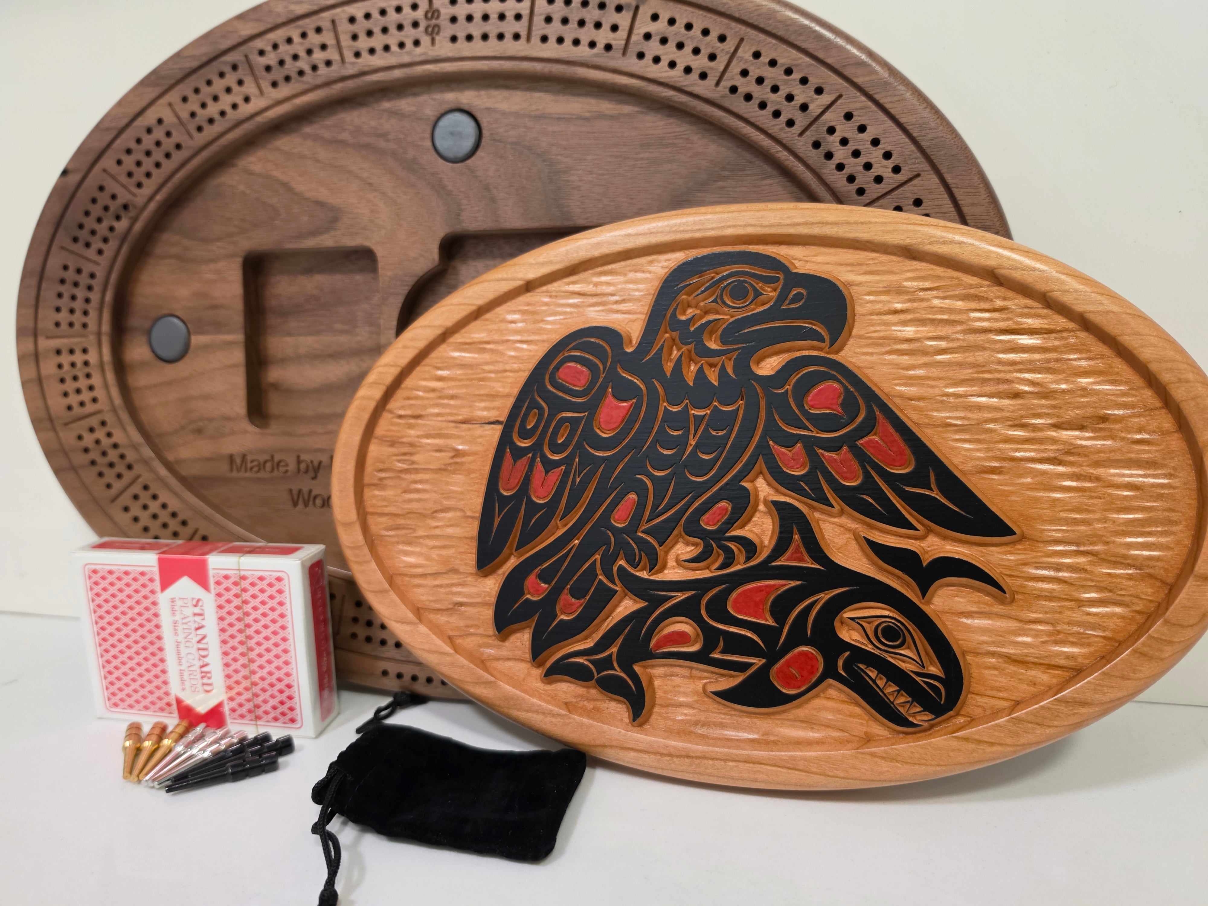 Native Eagle with Salmon Cribbage Board