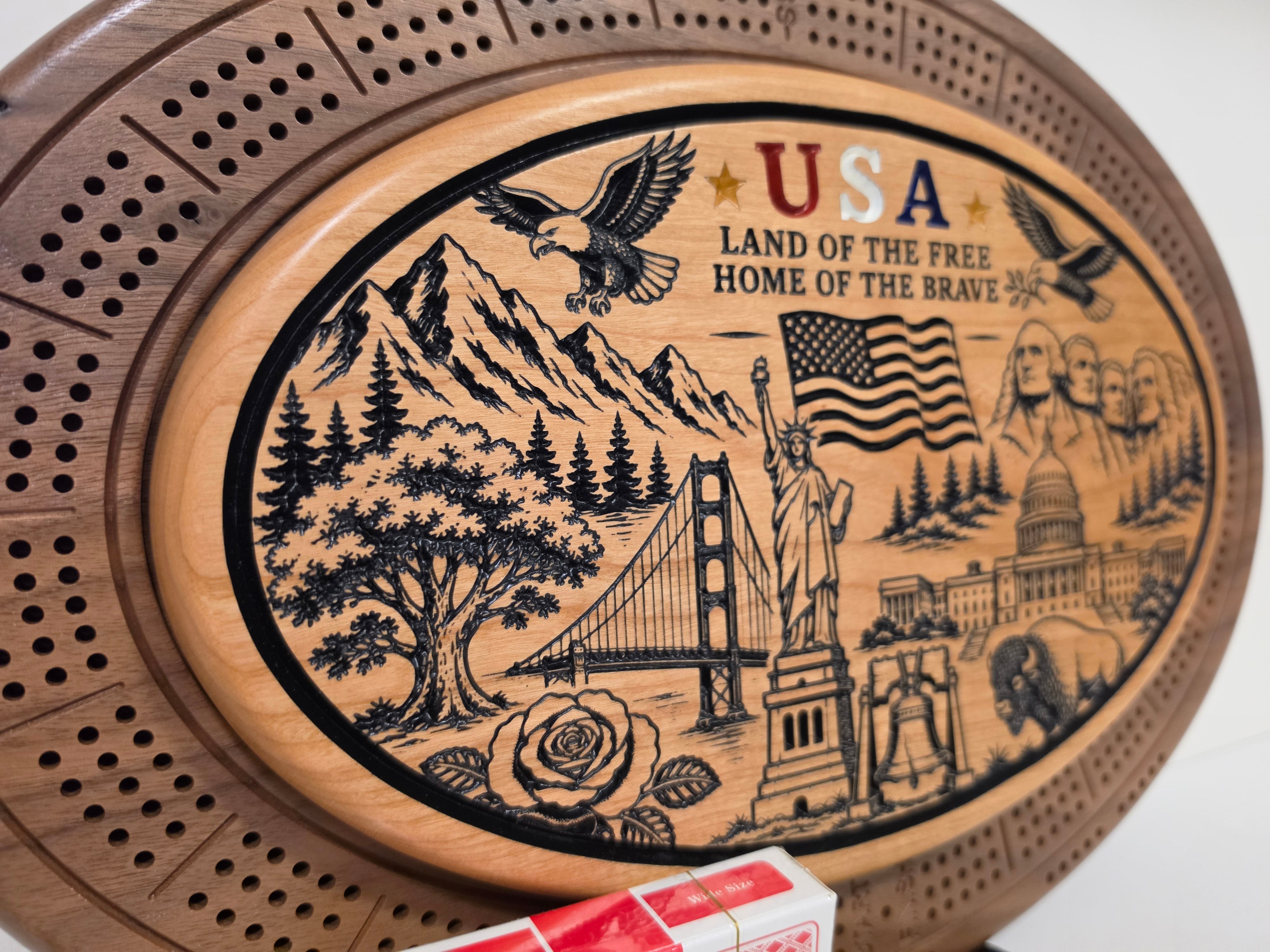 USA Patriotic Cribbage Board Set – CNC-Engraved Wood