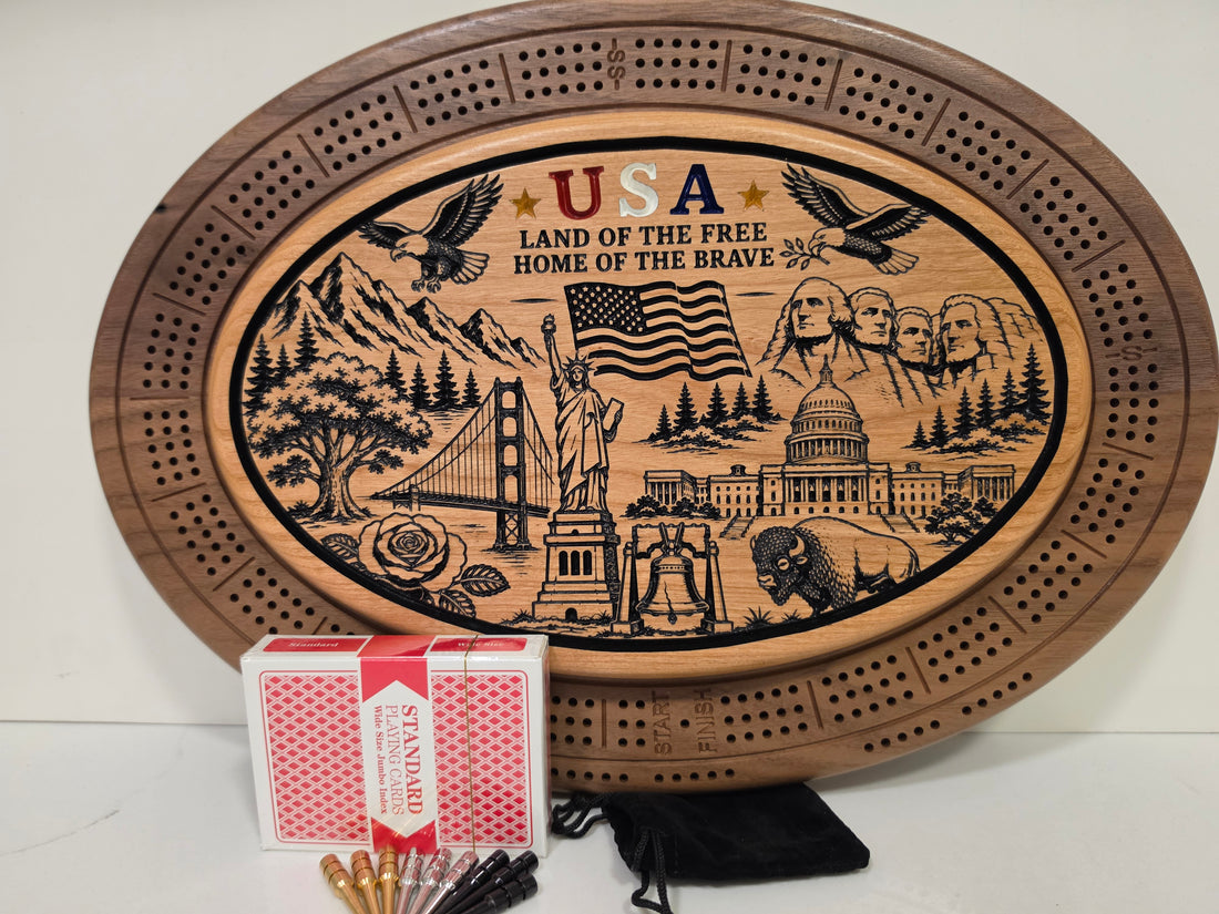 USA Patriotic Cribbage Board Set – CNC-Engraved Wood